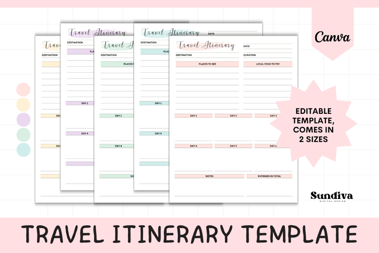 Travel Itinerary Editable Template 6 | Travel Planner