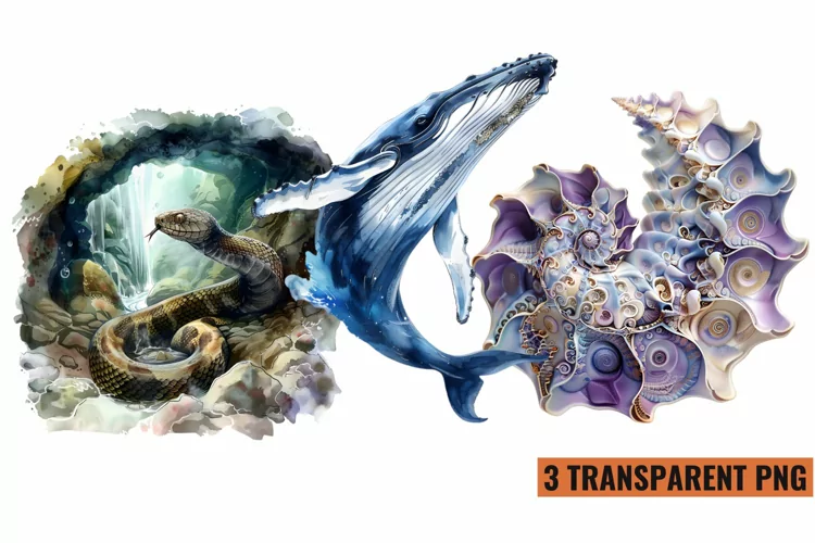Watercolor Sea Animals Clipart , PNG