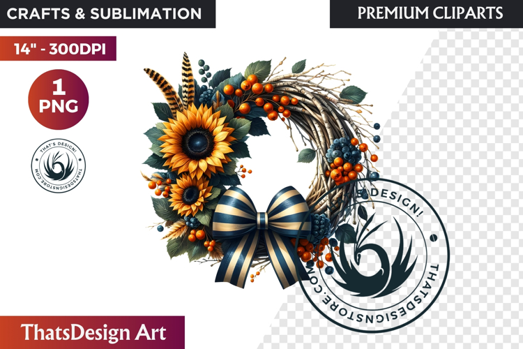 Sunflower Autumn Wreath - Rustic Farmhouse Harvest PNG