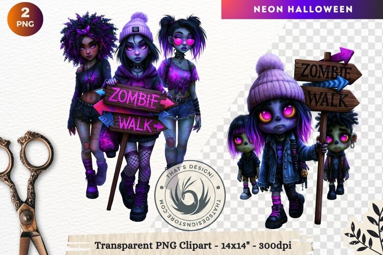Neon Halloween Character Clipart Spooky Kawaii zombies PNG example image 1