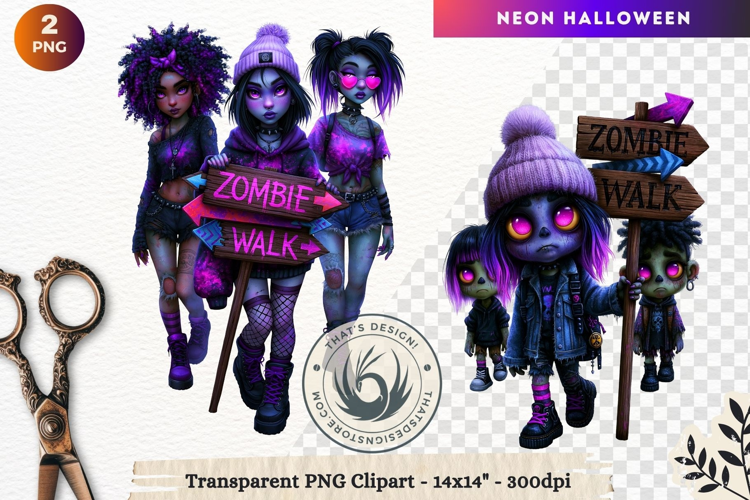 Neon Halloween Character Clipart Spooky Kawaii zombies PNG