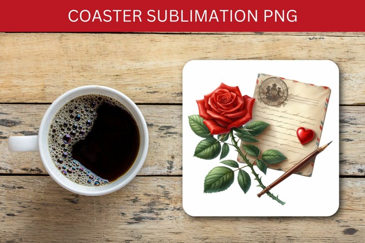 valentine square coaster - vintage love letter rose example image 1