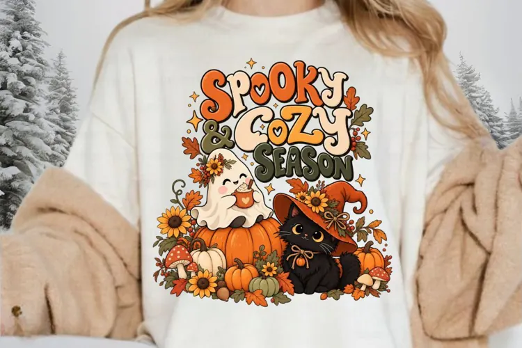 Spooky Cozy Season Halloween Ghost and Black Cat Autumn
