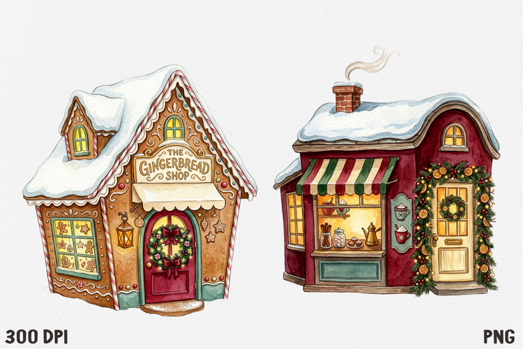 Christmas Village Watercolor Clipart PNG, Whimsical Holiday