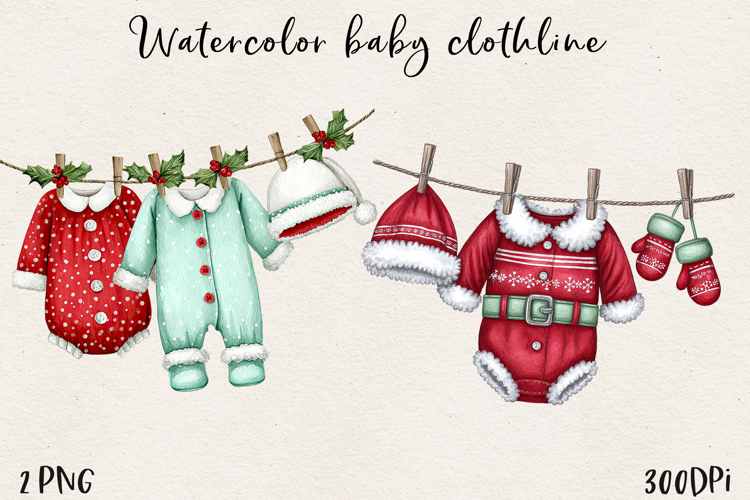 Watercolor Christmas Baby Clothesline Clipart PNG