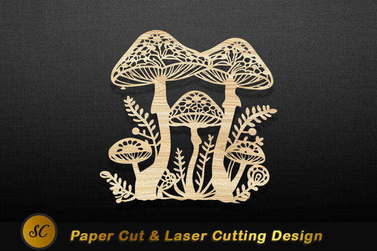 Intricate mushroom forest wood carving image Laser Cut example image 1