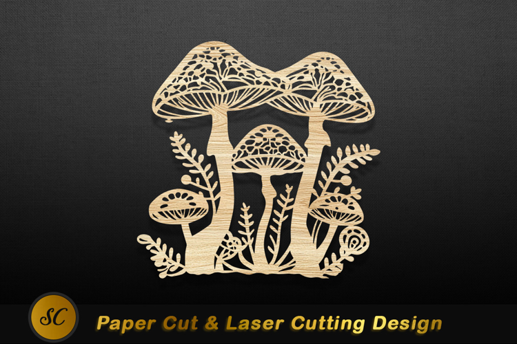 Intricate mushroom forest wood carving image Laser Cut