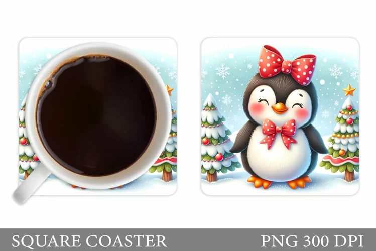Cute Penguin Coaster Sublimation. Christmas Coaster Design