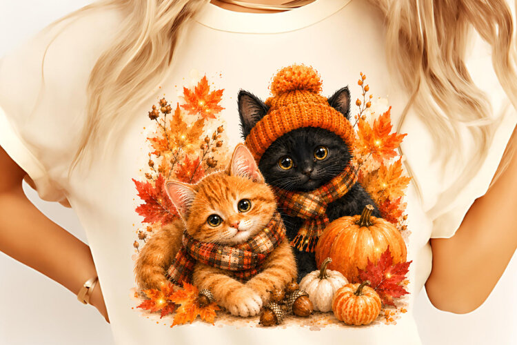 Black Cat PNG, Trendy Fall PNG, Autumn Sublimation example image 1