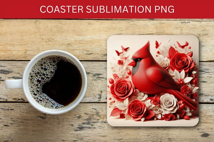 square coaster - 3d cardinal bird