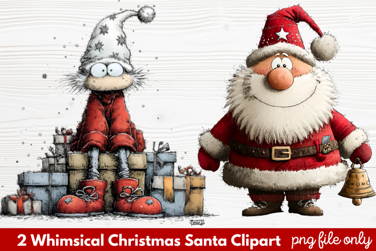 2 Whimsical Christmas Santa Clipart | Cute Santa PNG