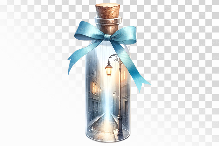 Rainy Alley Scene in Glass Bottle with Blue Ribbon PNG