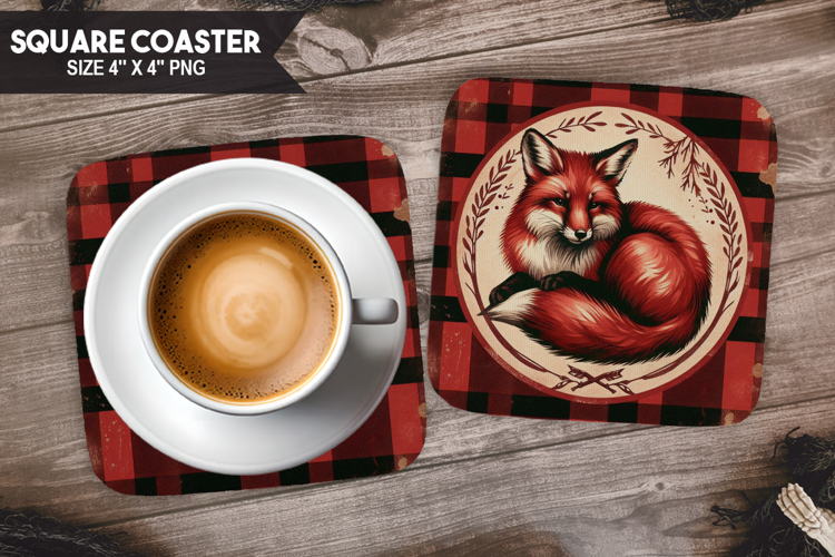 Cute Fox, Animal coaster, Buffalo Plaid Square Coaster PNG