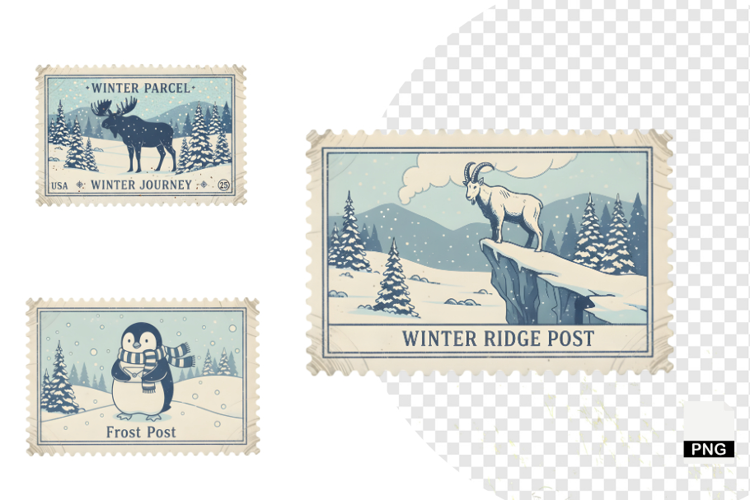 Vintage Winter Postage Stamps Clipart