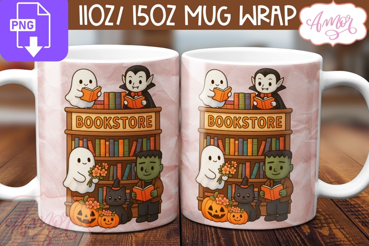 Cute Halloween mug wrap PNG, Spooky bookstore mug png