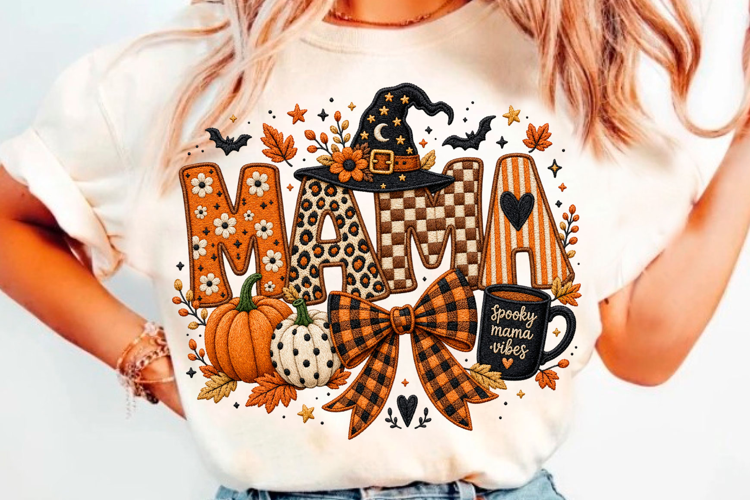 Spooky mama Halloween embroidery design with pumpkin