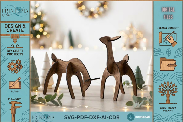3D Reindeer Laser Cut Files Holiday Table Decor Digital Down