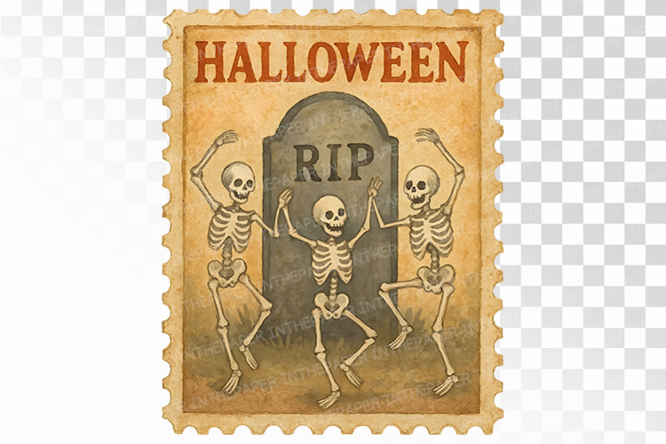 Halloween Skeletons Dancing Tombstone stamp PNG