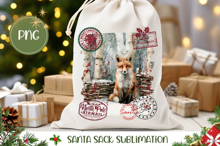 Watercolor Christmas Fox Santa Sack Template