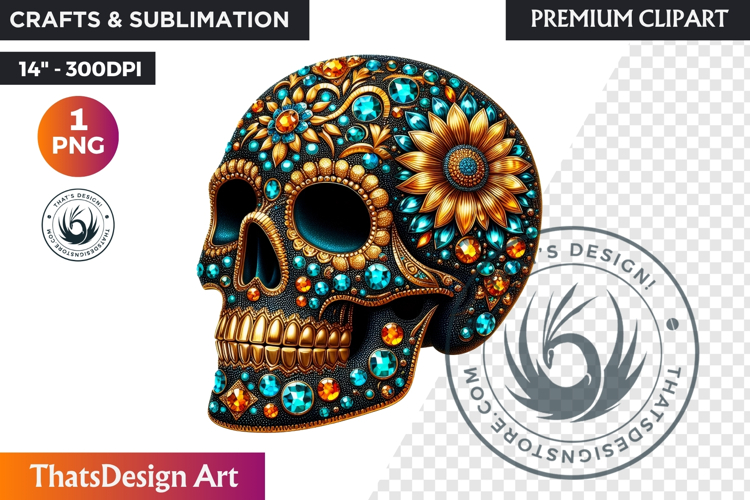 Floral Black Gold Sugar Skull Day of the Dead Clipart PNG