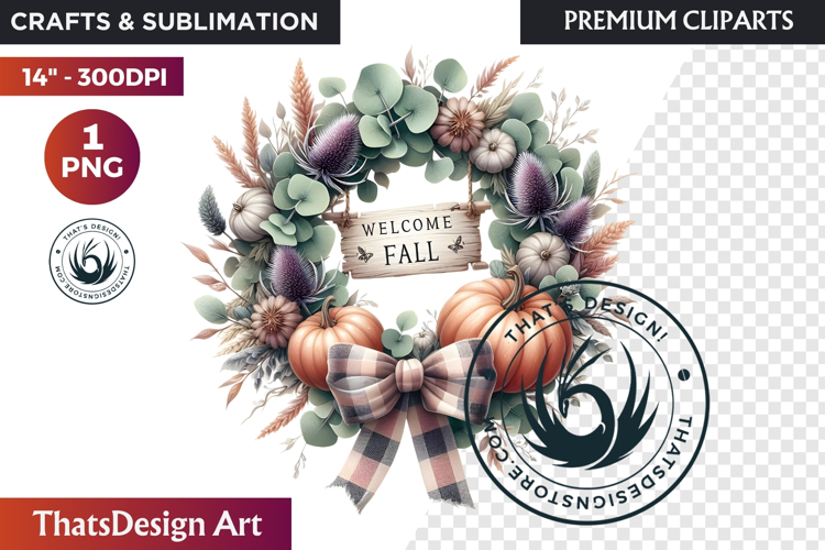 Cozy Autumn Wreath - Boho Farmhouse Fall Clipart PNG
