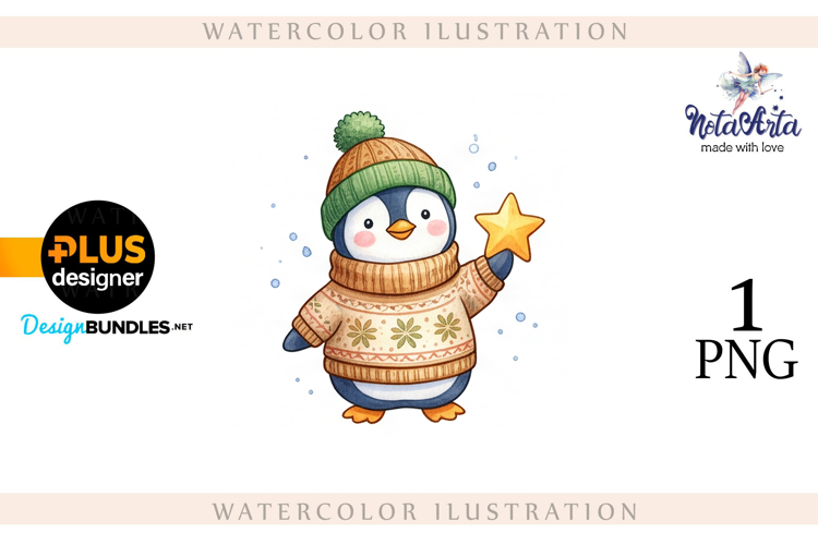 Christmas Penguins in Watercolor Style