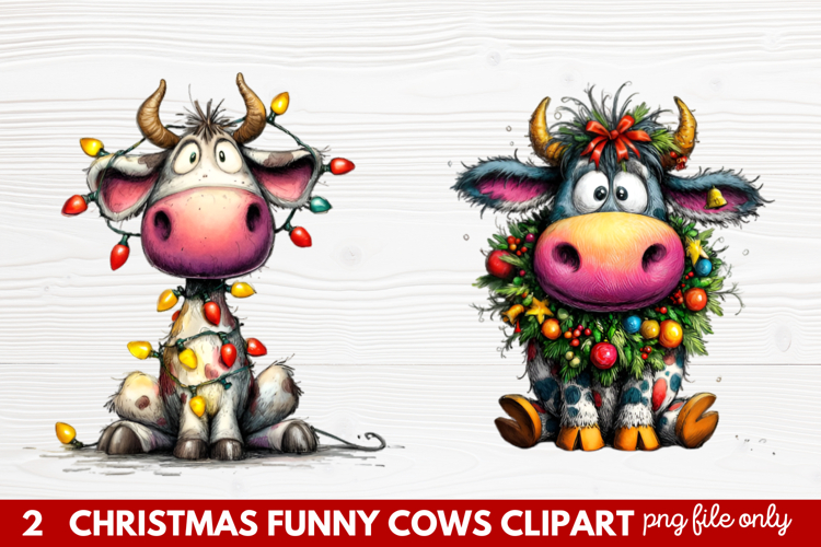 Funny Christmas Cows Clipart | Cute Holiday Farm Animal