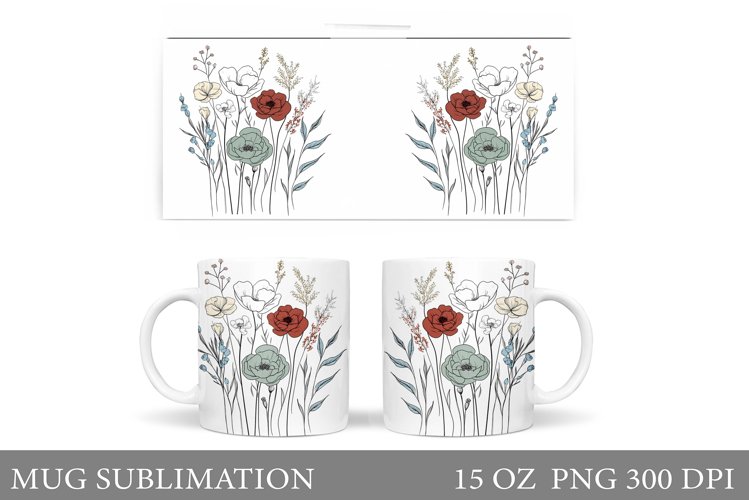 Wildflowers Mug Sublimation. Flowers Mug Wrap Design example image 1