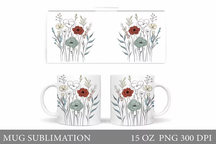 Wildflowers Mug Sublimation. Flowers Mug Wrap Design