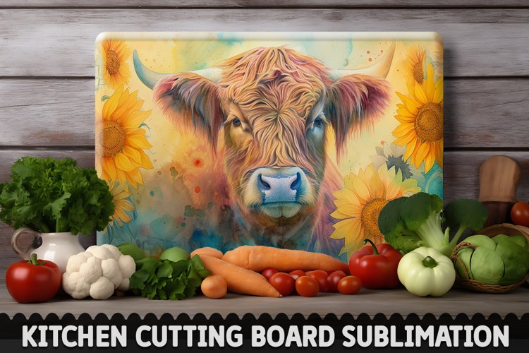 Highland Cow With Sunflowers Cutting Board