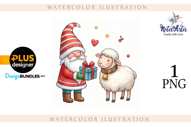 Christmas Gnome Santa with a Sheep in Watercolor Style