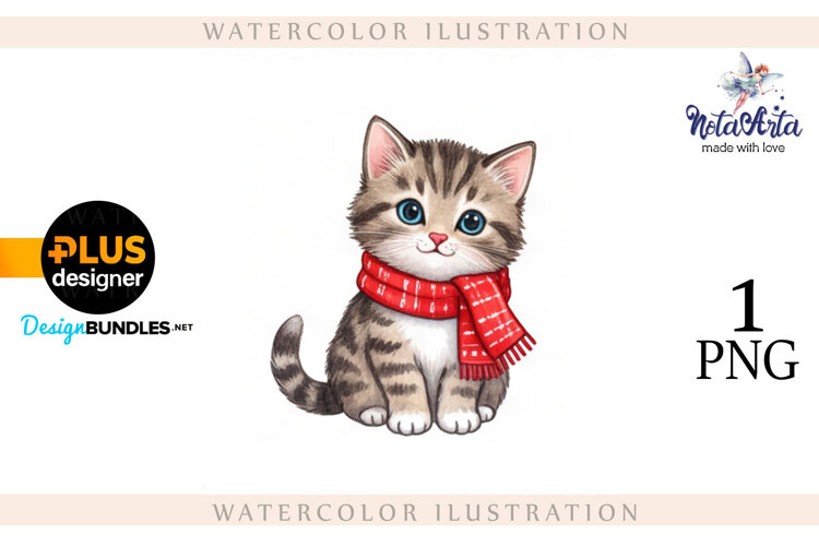 Christmas Kitten in Watercolor Style example image 1