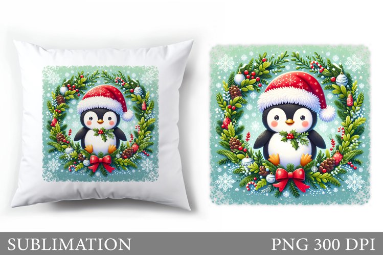 Cute Penguin Pillow Design. Christmas Pillow Sublimation example image 1