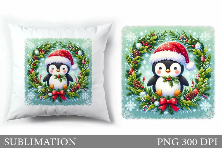 Cute Penguin Pillow Design. Christmas Pillow Sublimation