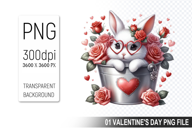 Valentines Bunny in Bucket, Animal Graphic For Crafts