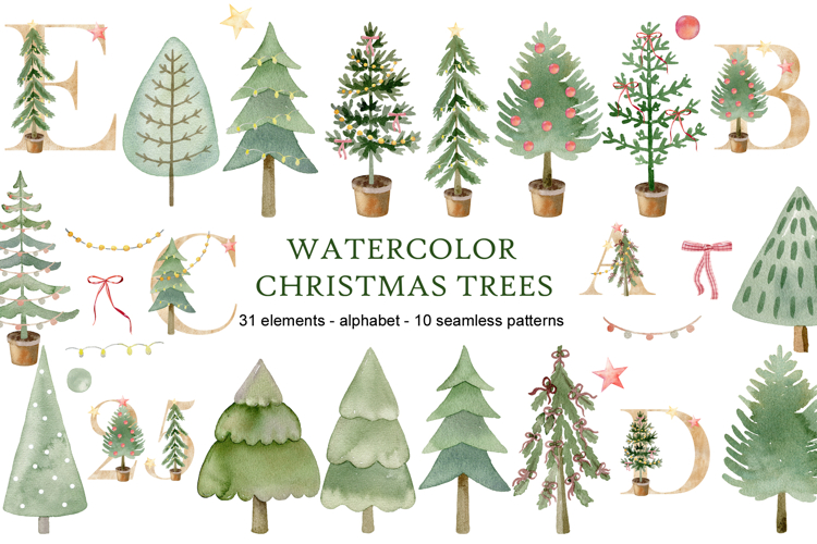 Watercolor Christmas trees clipart.