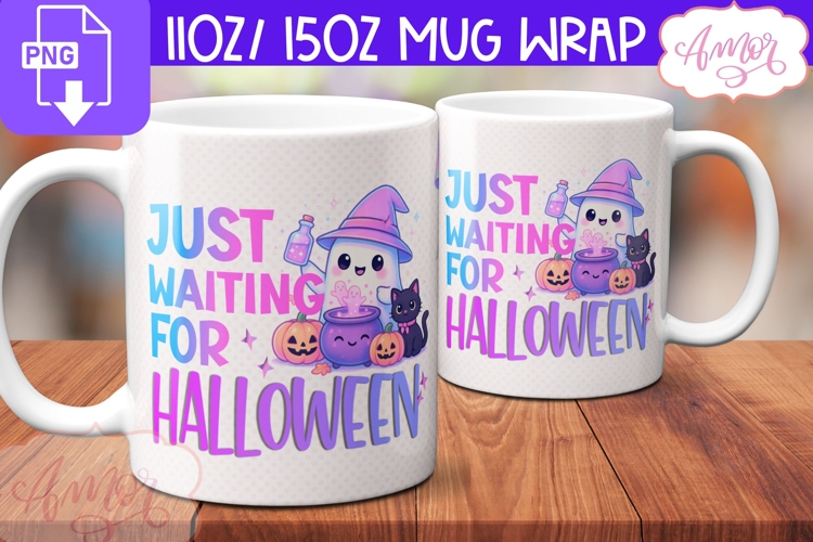 Waiting for Halloween mug wrap PNG, Cute Ghost mug PNG