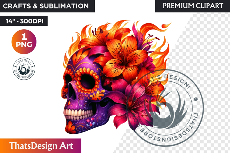 Floral Sugar Skull Day of the Dead Clipart, dia de muertos