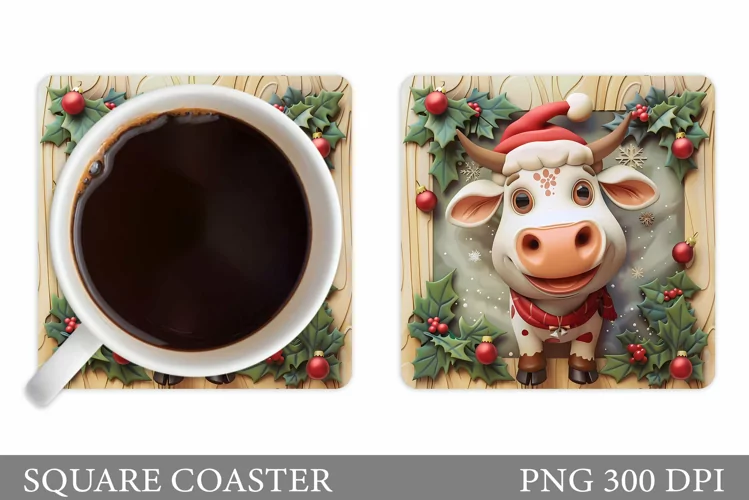 3D Cow Coaster Design. Christmas Cow Coaster Sublimation