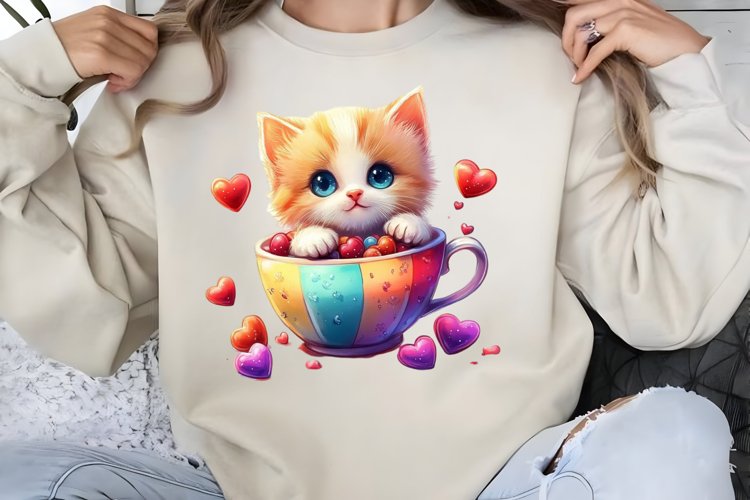 Watercolor Valentine Cat Love Clipart PNG