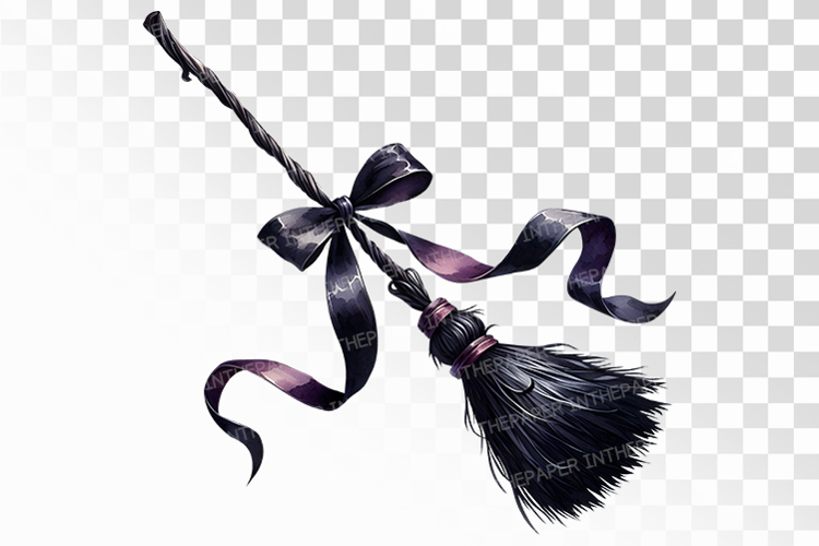 Gothic Witch Broom Ornate Ribbon Halloween PNG