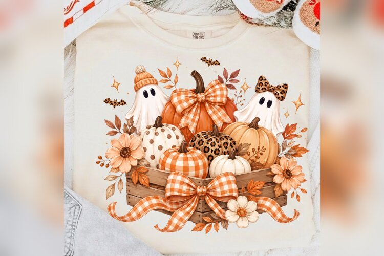 Cute Ghost Pumpkin PNG, Gingham Bow Fall PNG, Leopard Pumpki example image 1