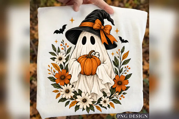 Halloween Ghost PNG, Cute Witch Ghost Pumpkin Floral Design