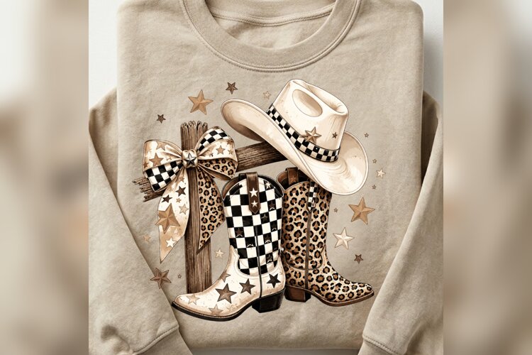 Western Cowgirl Boots PNG, Leopard Checkered Cowboy Hat example image 1