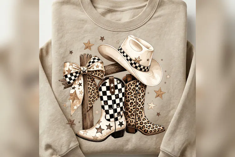 Western Cowgirl Boots PNG, Leopard Checkered Cowboy Hat