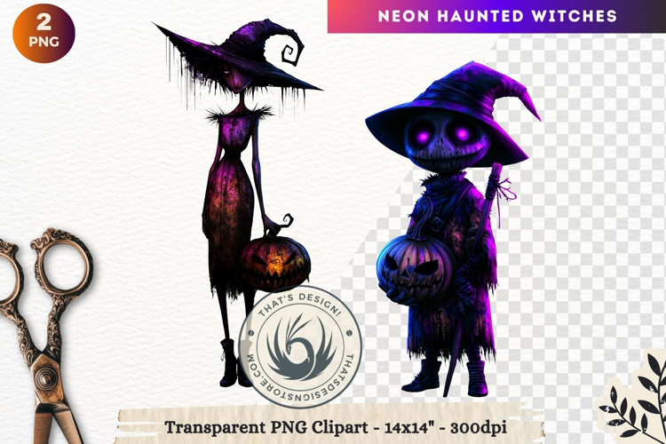 Neon Haunted Witches Clipart, Spooky Kawaii Halloween PNG