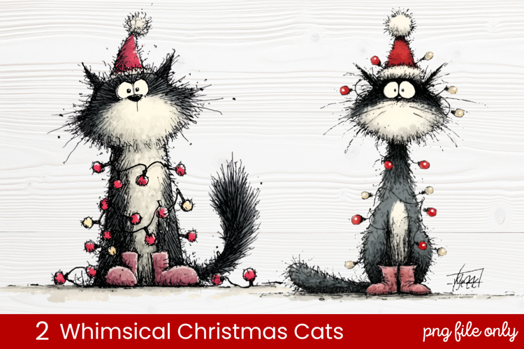 2 Whimsical Christmas Cats Clipart | Cute Holiday Cat PNG