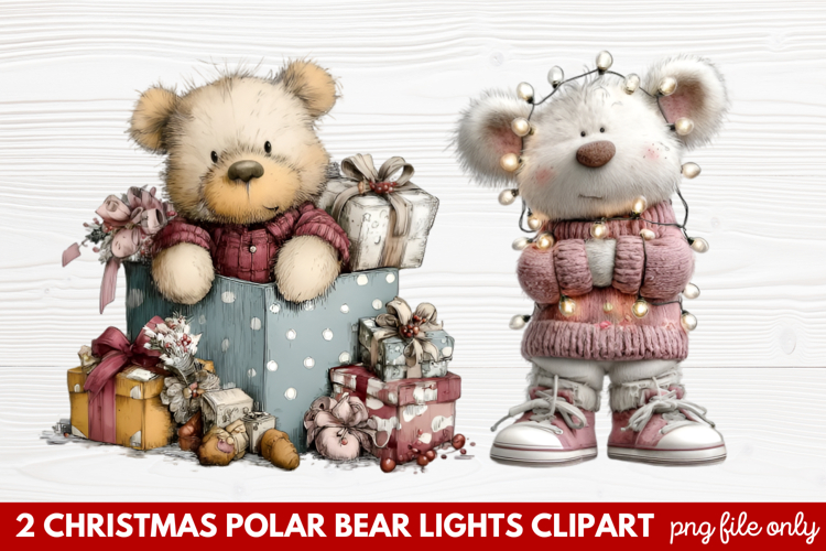 Christmas Polar Bear Lights Clipart | Cute Holiday Bear PNG