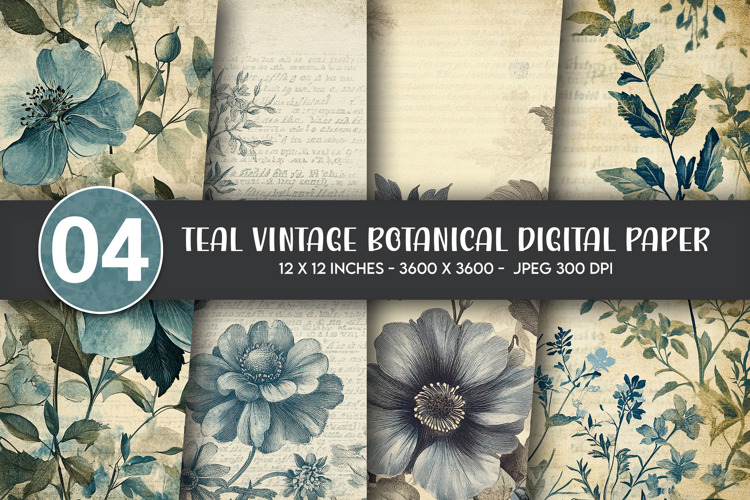 Teal Vintage Botanical Digital Paper example image 1