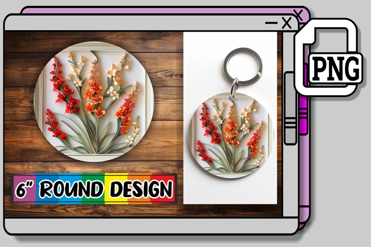 Spring 3D Flowers Keychain Circle Design Sublimation Art example image 1